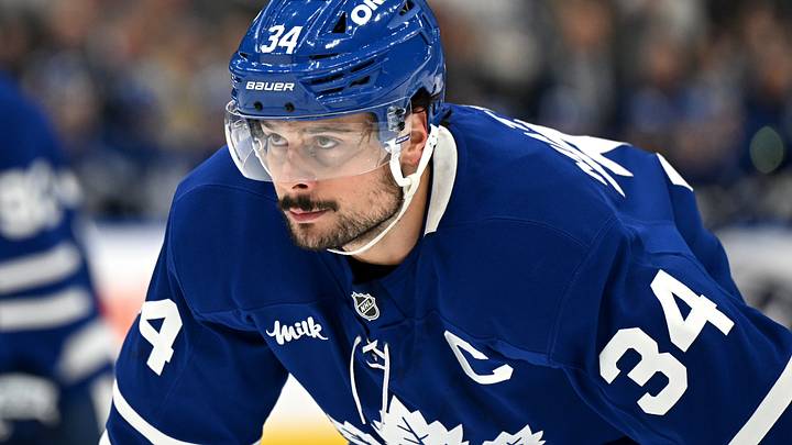 Oct 19, 2026; Toronto, Ontario, CAN;  Toronto Maple Leafs forward Auston Matthews (34) prepares to take a faceoff against the San Jose Sharks in the first period at Scotiabank Arena.  Mandatory Credit: Dan Hamilton-Imagn Images
