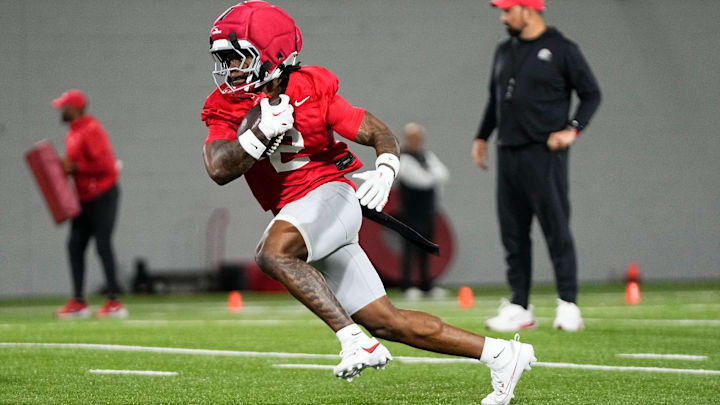 Ohio State Buckeyes running back Legend Bey (2) runs during the first day of spring workouts for the 2026 football season at Woody Hayes Athletic Complex in Columbus on March 10, 2026.