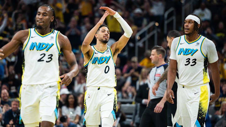 Apr 22, 2025; Indianapolis, Indiana, USA; Indiana Pacers guard Tyrese Haliburton (0) celebrates a made shot during game two against the Milwaukee Bucks in the  first round for the 2024 NBA Playoffs at Gainbridge Fieldhouse. Mandatory Credit: Trevor Ruszkowski-Imagn Images