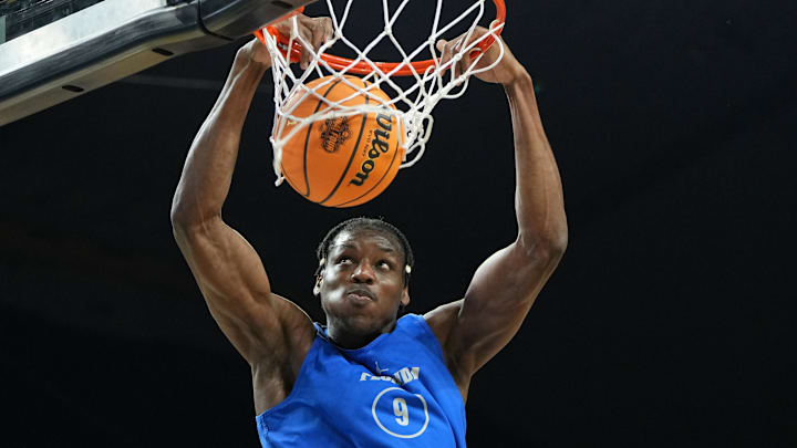 Apr 4, 2025; San Antonio, TX, USA; Florida Gators center Rueben Chinyelu (9) during a practice session for the Final Four of the 2025 NCAA tournament at Alamodome. Mandatory Credit: Bob Donnan-Imagn Images Apr 4, 2025; San Antonio, TX, USA; Florida Gators center Rueben Chinyelu (9) during a practice session for the Final Four of the 2025 NCAA tournament at Alamodome. Mandatory Credit: Bob Donnan-Imagn Images