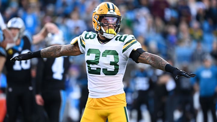 Dec 24, 2023; Charlotte, North Carolina, USA; Green Bay Packers cornerback Jaire Alexander (23) reacts in the fourth quarter at Bank of America Stadium. Mandatory Credit: Bob Donnan-Imagn Images