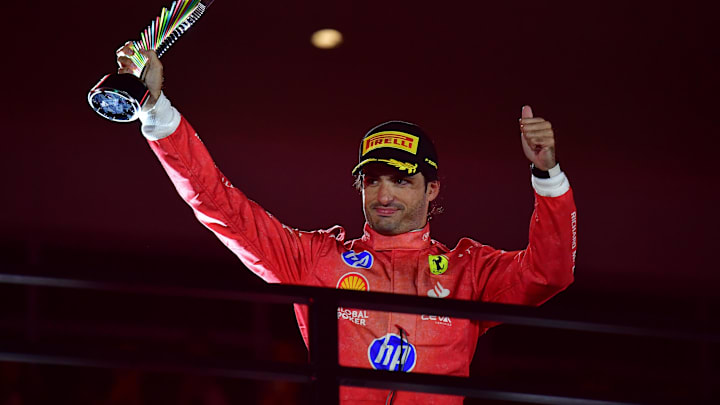 Nov 23, 2024; Las Vegas, Nevada, USA; Scuderia Ferrari driver Carlos Sainz (55) celebrates after placing third in the Las Vegas Grand Prix at Las Vegas Circuit. Mandatory Credit: Gary A. Vasquez-Imagn Images Nov 23, 2024; Las Vegas, Nevada, USA; Scuderia Ferrari driver Carlos Sainz (55) celebrates after placing third in the Las Vegas Grand Prix at Las Vegas Circuit. Mandatory Credit: Gary A. Vasquez-Imagn Images