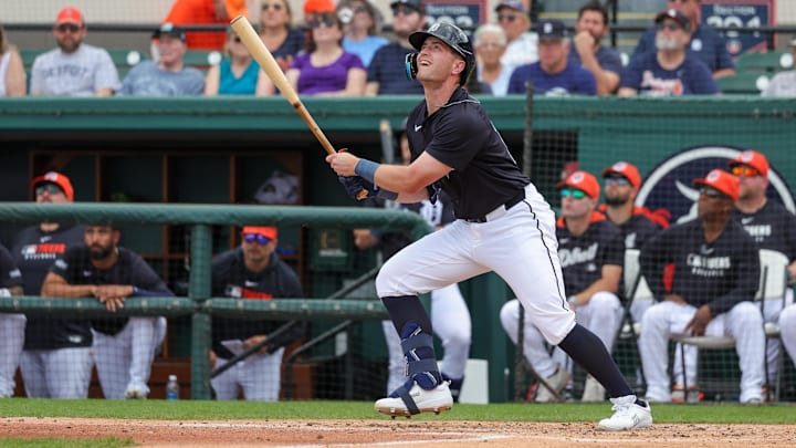 Feb 27, 2025; Lakeland, Florida, USA; Detroit Tigers third baseman Jace Jung (17) watches a fly ball during the second inning against the Boston Red Sox at Publix Field at Joker Marchant Stadium.