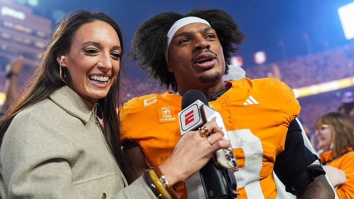 Tennessee running back DeSean Bishop (18) speaks with ESPN after a football game between Tennessee and Alabama at Neyland Stadium in Knoxville, Tenn., on Oct. 17, 2026.