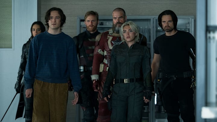 Ghost (Hannah John-Kamen), Bob (Lewis Pullman), John Walker (Wyatt Russell), Alexei Shostakov/Red Guardian (David Harbour), Yelena Belova (Florence Pugh) and Bucky Barnes (Sebastian Stan)in Marvel Studios' THUNDERBOLTS*. Photo by Chuck Zlotnick. © 2025 MARVEL.
