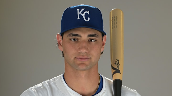 Feb 19, 2025; Surprise, AZ, USA; Kansas City Royals Jac Caglianone (14) poses for a photo during media day. Mandatory Credit: Jayne Kamin-Oncea-Imagn Images  