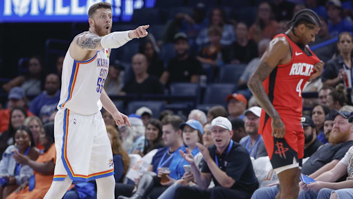 Oct 9, 2024; Oklahoma City, Oklahoma, USA; Oklahoma City Thunder center Isaiah Hartenstein (55) gestures after a play against the Houston Rockets during the second quarter at Paycom Center. Mandatory Credit: Alonzo Adams-Imagn Images