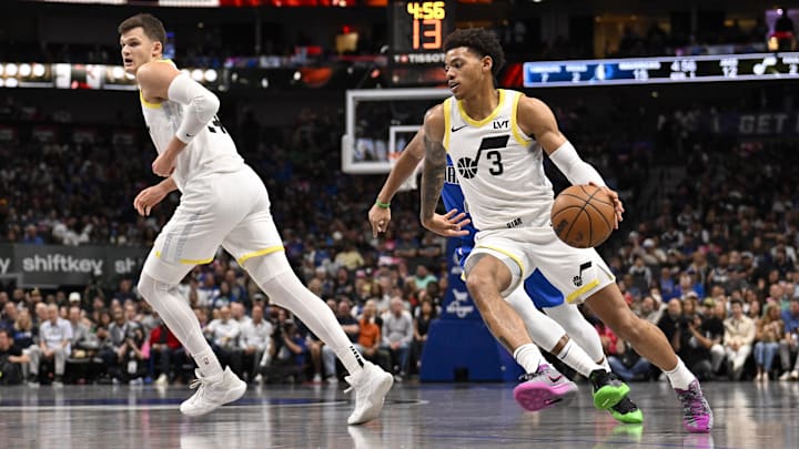Oct 28, 2024; Dallas, Texas, USA; Utah Jazz center Walker Kessler (24) and guard Keyonte George (3) in action during the game between the Dallas Mavericks and the Utah Jazz at the American Airlines Center. Mandatory Credit: Jerome Miron-Imagn Images