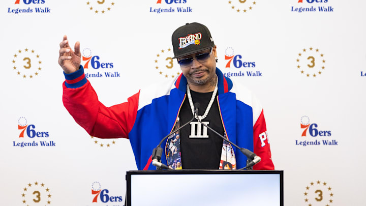 Apr 12, 2024; Camden, NJ, USA; Philadelphia 76ers great Allen Iverson speaks at the podium during the unveiling of a statue honoring him in a ceremony at Penn Medicine Philadelphia 76ers Training Complex. Mandatory Credit: Bill Streicher-Imagn Images