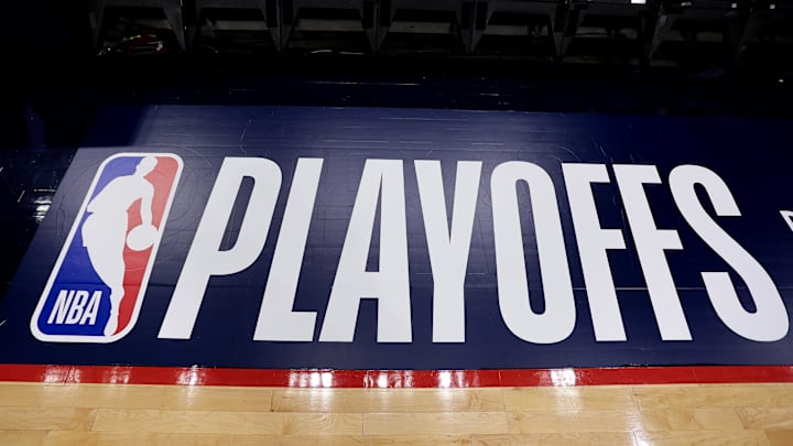 Apr 24, 2022; New Orleans, Louisiana, USA; A detail view of the NBA Playoffs logo on the court.