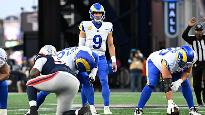 Nov 17, 2024; Foxborough, Massachusetts, USA; Los Angeles Rams quarterback Matthew Stafford (9) waits on the snap of the ball during the second half against the New England Patriots at Gillette Stadium. Mandatory Credit: Eric Canha-Imagn Images