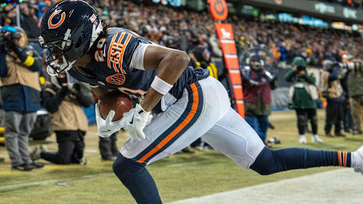 Chicago Bears wide receiver Jahdae Walker catches a touchdown pass during the fourth quarter of their game Saturday, December 20, 2025, at Soldier Field in Chicago, Illinois. The Chicago Bears beat the Green Bay Packers 22-16 in overtime.