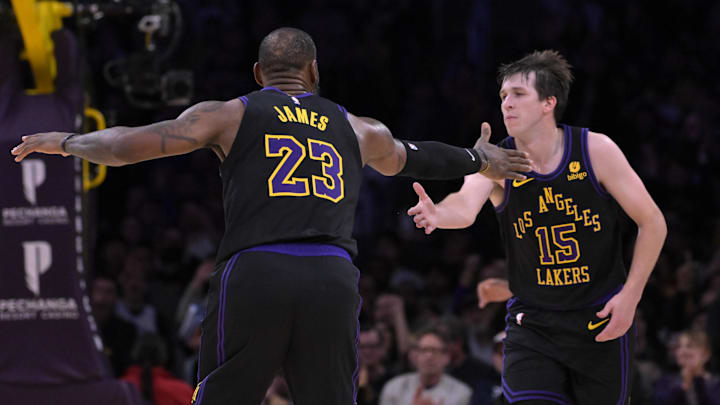 Jan 15, 2024; Los Angeles, California, USA; Los Angeles Lakers forward LeBron James (23) and guard Austin Reaves (15) celebrate after a basket in the second half against the Oklahoma City Thunder at Crypto.com Arena. Mandatory Credit: Jayne Kamin-Oncea-Imagn Images Jan 15, 2024; Los Angeles, California, USA; Los Angeles Lakers forward LeBron James (23) and guard Austin Reaves (15) celebrate after a basket in the second half against the Oklahoma City Thunder at Crypto.com Arena. Mandatory Credit: Jayne Kamin-Oncea-Imagn Images
