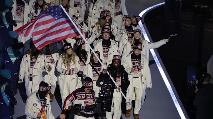 Feb 6, 2026; Milan, ITALY; The United States delegation during the Opening Ceremony for the Milano Cortina 2026 Olympic Winter Games at Milano San Siro Olympic Stadium. Mandatory Credit: Geoff Burke-Imagn Images