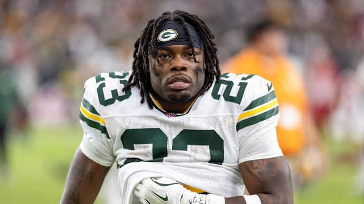 Green Bay Packers running back Emanuel Wilson (23) against the Arizona Cardinals at State Farm Stadium. 