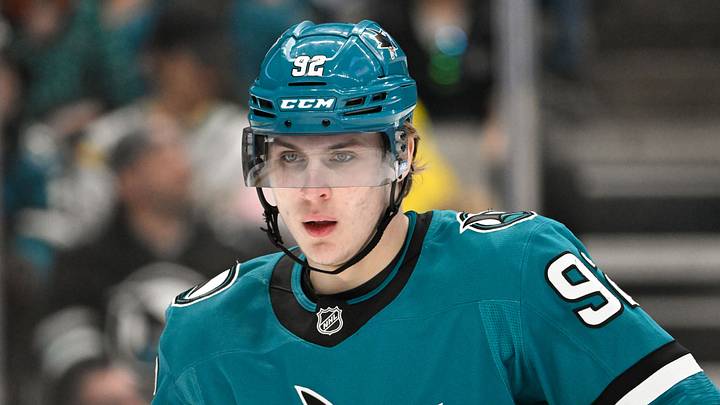 Apr 4, 2026; San Jose, California, USA; San Jose Sharks left winger Igor Chernyshov (92) looks on against the Nashville Predators in the first period at SAP Center at San Jose. Mandatory Credit: Eakin Howard-Imagn Images