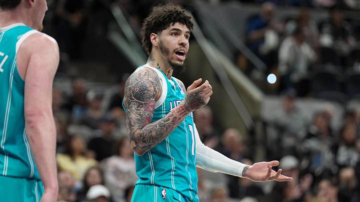 Mar 14, 2026; San Antonio, Texas, USA;  Charlotte Hornets guard LaMelo Ball (1) reacts in the second half against the San Antonio Spurs at Frost Bank Center. Mandatory Credit: Daniel Dunn-Imagn Images