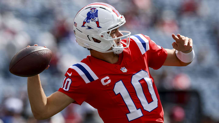 Sep 21, 2025; Foxborough, Massachusetts, USA; New England Patriots quarterback Drake Maye (10) warms up before the game aginst the Pittsburgh Steelers at Gillette Stadium. Mandatory Credit: Paul Rutherford-Imagn Images