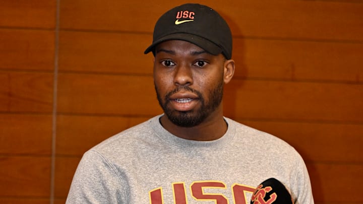 Head coach Lincoln Riley along with his defensive coaches speak to the media in the John McKay Head coach Lincoln Riley along with his defensive coaches speak to the media in the John McKay