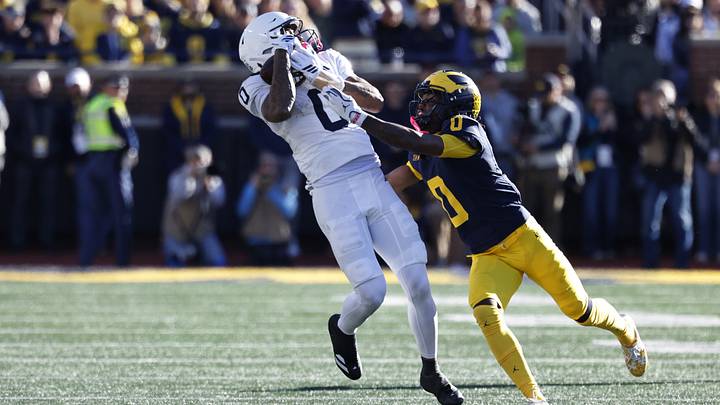 Oct 17, 2026; Ann Arbor, Michigan, USA; Penn State Nittany Lions wide receiver Chase Sowell (0) makes a catch defended by by Michigan Wolverines defensive back Jyaire Hill (0) in the first half at Michigan Stadium. Mandatory Credit: Rick Osentoski-Imagn Images Oct 17, 2026; Ann Arbor, Michigan, USA; Penn State Nittany Lions wide receiver Chase Sowell (0) makes a catch defended by by Michigan Wolverines defensive back Jyaire Hill (0) in the first half at Michigan Stadium. Mandatory Credit: Rick Osentoski-Imagn Images