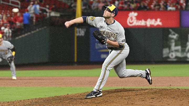 Sep 20, 2023; St. Louis, Missouri, USA; Milwaukee Brewers relief pitcher J.B. Bukauskas (50) throws