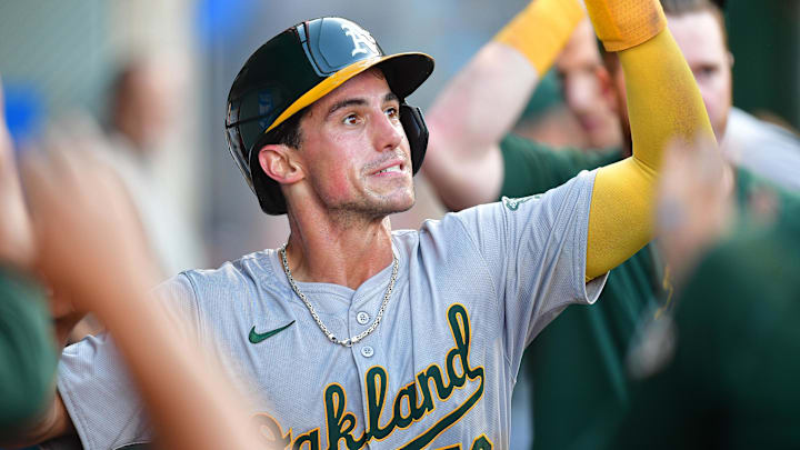 Jun 25, 2024; Anaheim, California, USA; Oakland Athletics third baseman Armando Alvarez (50) is greeted after scoring a run against the Los Angeles Angels during the third inning at Angel Stadium. Mandatory Credit: Gary A. Vasquez-Imagn Images Jun 25, 2024; Anaheim, California, USA; Oakland Athletics third baseman Armando Alvarez (50) is greeted after scoring a run against the Los Angeles Angels during the third inning at Angel Stadium. Mandatory Credit: Gary A. Vasquez-Imagn Images
