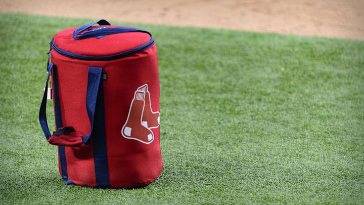 Apr 29, 2021; Arlington, Texas, USA; A view of the Boston Red Sox logo and a field bag during batting practice before the game between the Texas Rangers and the Boston Red Sox at Globe Life Field. Mandatory Credit: Jerome Miron-Imagn Images Apr 29, 2021; Arlington, Texas, USA; A view of the Boston Red Sox logo and a field bag during batting practice before the game between the Texas Rangers and the Boston Red Sox at Globe Life Field. Mandatory Credit: Jerome Miron-Imagn Images