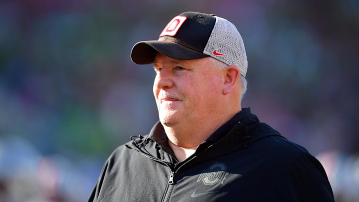 Jan 1, 2025; Pasadena, CA, USA;  Ohio State Buckeyes offensive coordinator Chip Kelly looks on before the 2025 Rose Bowl college football quarterfinal game against the Oregon Ducks at Rose Bowl Stadium. Mandatory Credit: Gary A. Vasquez-Imagn Images