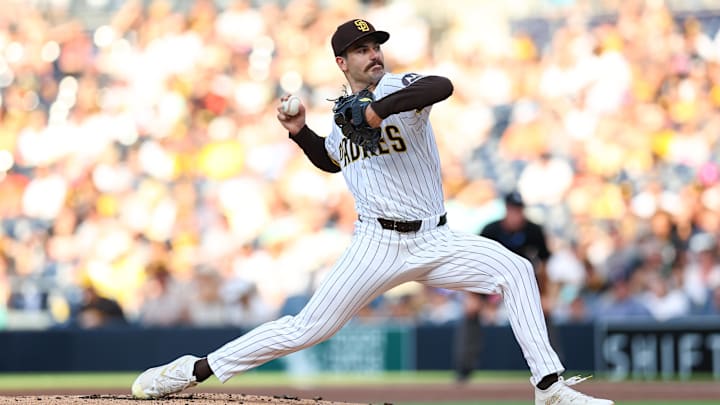 Sep 7, 2024; San Diego, California, USA; San Diego Padres starting pitcher Dylan Cease (84) throws against the San Francisco Giants during the first inning at Petco Park. Mandatory Credit: Chadd Cady-Imagn Images