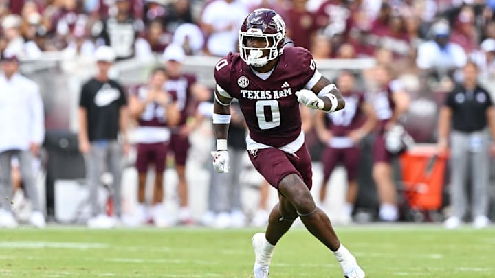 Oct 5, 2024; College Station, Texas, USA; Texas A&M Aggies linebacker Scooby Williams (0) defends in coverage in the second half against the Missouri Tigers at Kyle Field. Mandatory Credit: Maria Lysaker-Imagn Images. Oct 5, 2024; College Station, Texas, USA; Texas A&M Aggies linebacker Scooby Williams (0) defends in coverage in the second half against the Missouri Tigers at Kyle Field. Mandatory Credit: Maria Lysaker-Imagn Images.