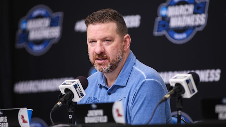Mar 27, 2025; Atlanta, GA, USA; Mississippi Rebels head coach Chris Beard addresses the media in a press conference during NCAA Tournament South Regional Practice at State Farm Arena. Mandatory Credit: Brett Davis-Imagn Images