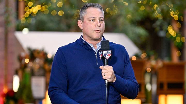 Dec 9, 2024; Dallas, TX, USA; Kansas City Royals general manager J.J. Picollo is interviewed at the Hilton Anatole during the 2024 MLB Winter Meetings. Mandatory Credit: Jerome Miron-Imagn Images