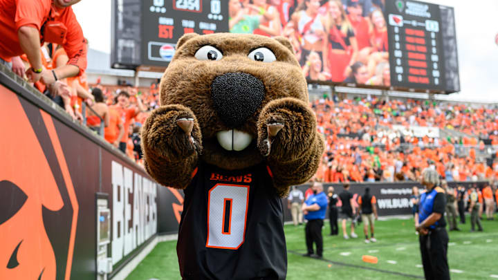 Sep 14, 2024; Corvallis, Oregon, USA; Oregon State Beavers mascot Benny Beaver during pregame against the Oregon Ducks at Reser Stadium. Mandatory Credit: Craig Strobeck-Imagn Images