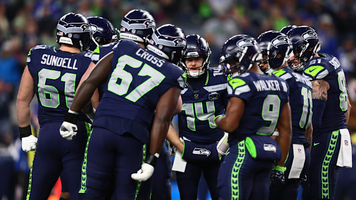 Jan 17, 2026; Seattle, WA, USA; Seattle Seahawks quarterback Sam Darnold (14) in the huddle against the San Francisco 49ers during the first half in an NFC Divisional Round game at Lumen Field. Mandatory Credit: Kevin Ng-Imagn Images Jan 17, 2026; Seattle, WA, USA; Seattle Seahawks quarterback Sam Darnold (14) in the huddle against the San Francisco 49ers during the first half in an NFC Divisional Round game at Lumen Field. Mandatory Credit: Kevin Ng-Imagn Images