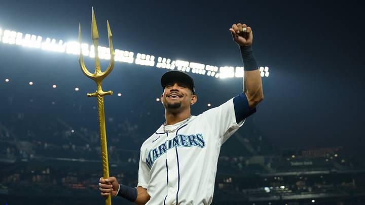 Aug 5, 2026; Seattle, Washington, USA; Seattle Mariners center fielder Julio Rodriguez (44) celebrates defeating the Detroit Tigers at T-Mobile Park. Mandatory Credit: Steven Bisig-Imagn Images