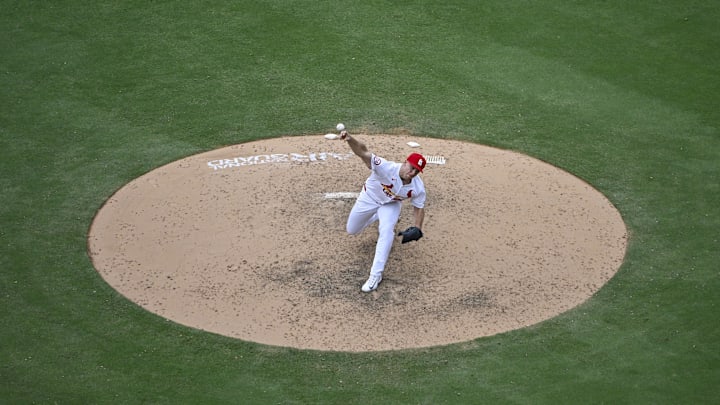 Aug 29, 2024; St. Louis, Missouri, USA;  St. Louis Cardinals relief pitcher Ryan Helsley (56) pitches against the San Diego Padres during the ninth inning at Busch Stadium. Mandatory Credit: Jeff Curry-Imagn Images