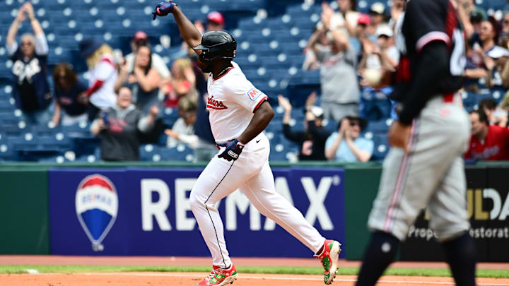 May 1, 2025; Cleveland, Ohio, USA; Cleveland Guardians right fielder Jhonkensy Noel (43) celebrates after hitting a home run during the fourth inning as Minnesota Twins starting pitcher Simeon Woods Richardson (24) walks back to the mound at Progressive Field. Mandatory Credit: Ken Blaze-Imagn Images
May 1, 2025; Cleveland, Ohio, USA; Cleveland Guardians right fielder Jhonkensy Noel (43) celebrates after hitting a home run during the fourth inning as Minnesota Twins starting pitcher Simeon Woods Richardson (24) walks back to the mound at Progressive Field. Mandatory Credit: Ken Blaze-Imagn Images