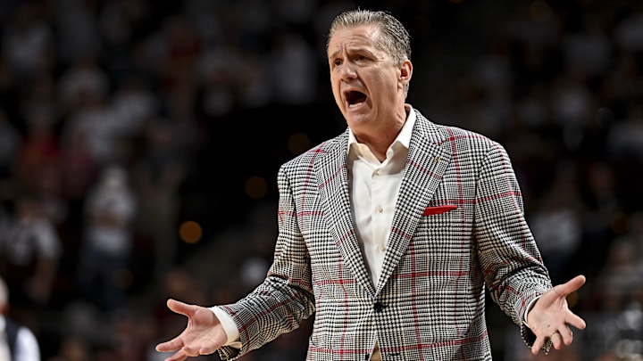 Feb 15, 2025; College Station, Texas, USA; Arkansas Razorbacks head coach John Calipari