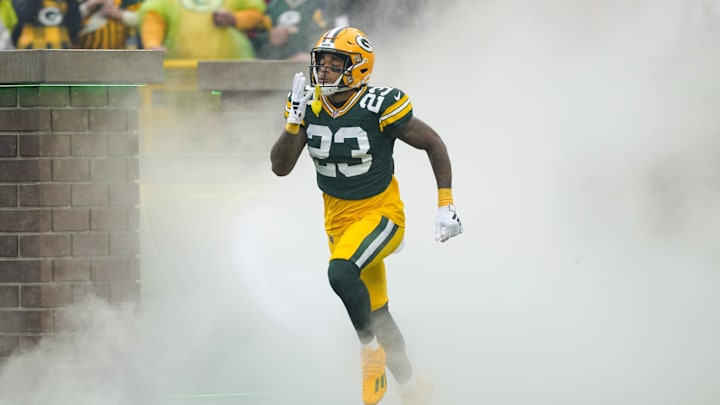 Oct 13, 2024; Green Bay, Wisconsin, USA;  Green Bay Packers cornerback Jaire Alexander (23) prior to the game against the Arizona Cardinals at Lambeau Field. Mandatory Credit: Jeff Hanisch-Imagn Images