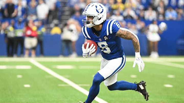 Oct 26, 2025; Indianapolis, Indiana, USA; Indianapolis Colts wide receiver Anthony Gould (6) runs after making a catch during the first quarter against the Tennessee Titans at Lucas Oil Stadium. Mandatory Credit: Robert Goddin-Imagn Images