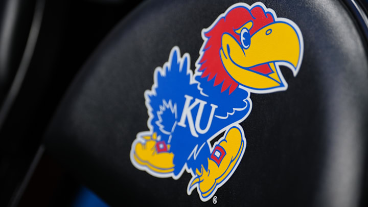 Nov 16, 2024; Lawrence, Kansas, USA; A general view of the Kansas Jayhawks logo on a bench chair prior to a game against the Oakland Golden Grizzlies at Allen Fieldhouse. Mandatory Credit: Denny Medley-Imagn Images