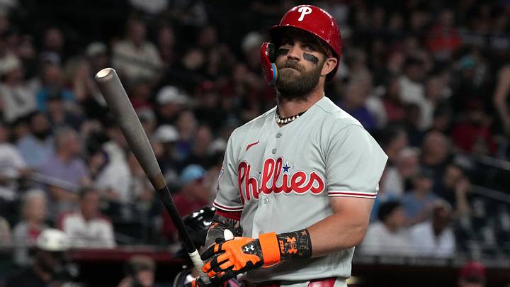 Sep 1, 2026; Phoenix, Arizona, USA;  Philadelphia Phillies first baseman Bryce Harper (3) reacts after missing a pitch against the Arizona Diamondbacks in the first inning at Chase Field.  Mandatory Credit: Rick Scuteri-Imagn Images