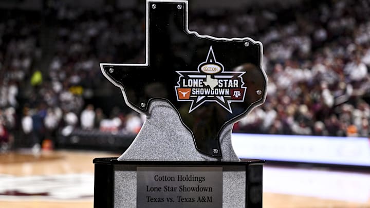 Jan 4, 2025; College Station, Texas, USA; A detailed view of the Lone Star Showdown trophy prior to the game between the Texas A&M Aggies and the Texas Longhorns at Reed Arena. Mandatory Credit: Maria Lysaker-Imagn Images 