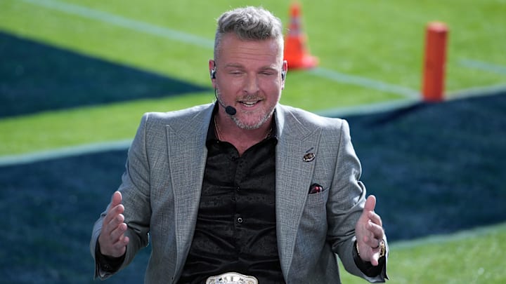 Jan 1, 2024; Pasadena, CA, USA; Pat McAfee on the ESPN College Gameday set at the 2024 Rose Bowl college football playoff semifinal game at Rose Bowl. Mandatory Credit: Kirby Lee-USA TODAY Sports