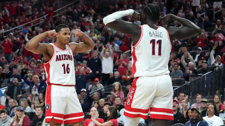 Mar 15, 2024; Las Vegas, NV, USA; Arizona Wildcats center Oumar Ballo (11) and forward Keshad