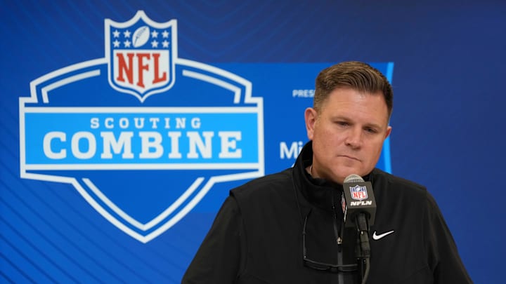 Feb 25, 2025; Indianapolis, IN, USA; Green Bay Packers general manager Brian Gutekunst speaks during the NFL Scouting Combine at the Indiana Convention Center. Mandatory Credit: Kirby Lee-Imagn Images