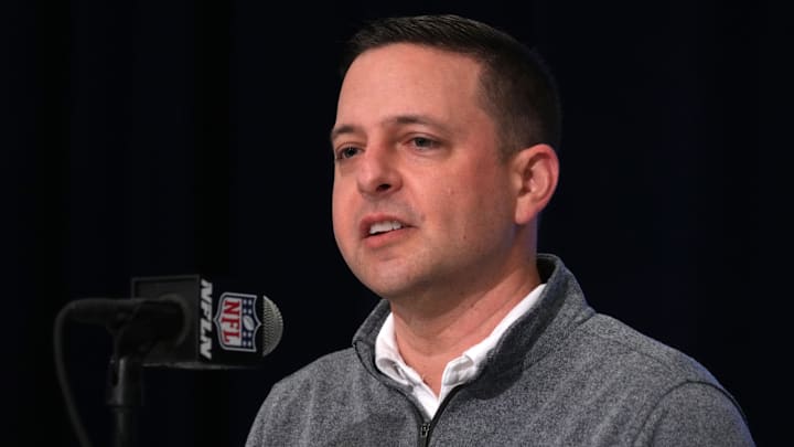 Feb 27, 2024; Indianapolis, IN, USA; New England Patriots director of scouting Eliot Wolf during the NFL Scouting Combine at Indiana Convention Center. Mandatory Credit: Kirby Lee-USA TODAY Sports