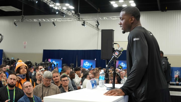 Feb 26, 2025; Indianapolis, IN, USA; Georgia defensive lineman Mykel Williams (DL73) during the 2025 NFL Scouting Combine at the Indiana Convention Center. Mandatory Credit: Kirby Lee-Imagn Images