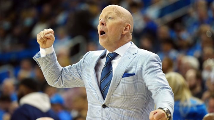 Mar 8, 2025; Los Angeles, California, USA; UCLA Bruins head coach Mick Cronin reacts against the Southern California Trojans in the first half at Pauley Pavilion presented by Wescom. Mandatory Credit: Kirby Lee-Imagn Images