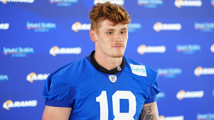 May 28, 2025; Woodland Hills, CA, USA; Los Angeles Rams tight end Terrance Ferguson (18) at press conference during organized team activities at Rams Practice Facility. Mandatory Credit: Kirby Lee-Imagn Images May 28, 2025; Woodland Hills, CA, USA; Los Angeles Rams tight end Terrance Ferguson (18) at press conference during organized team activities at Rams Practice Facility. Mandatory Credit: Kirby Lee-Imagn Images